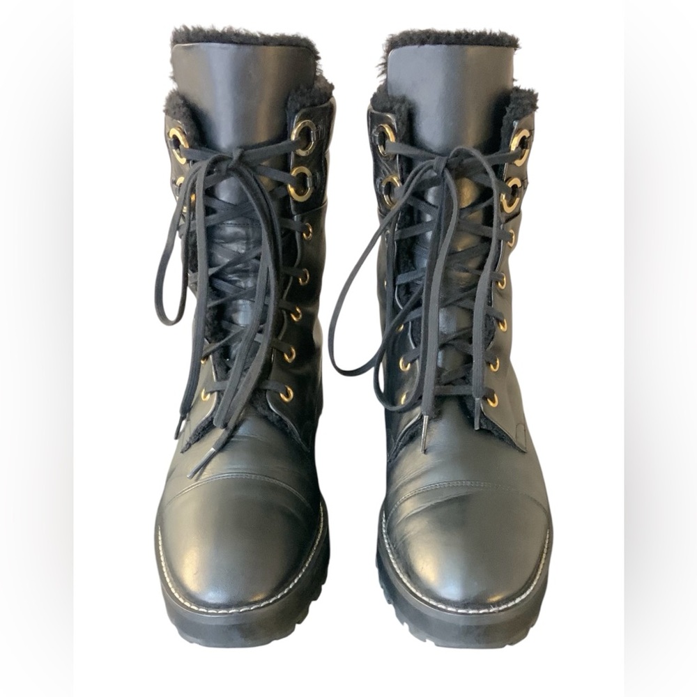 Stuart Weitzman Black Leather Shearling-Trim Combat Boots